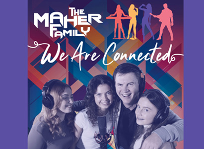 Maher family smiling with logo and song title